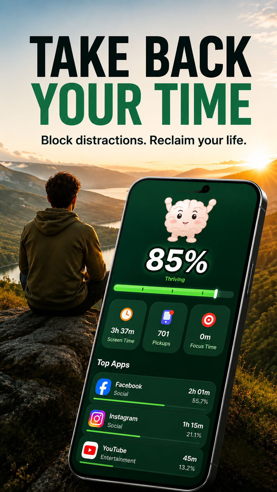 BrainDetox home screen: an 85% brain score labelled Thriving, with screen time, pickups and focus time, above a ranked list of the top apps.