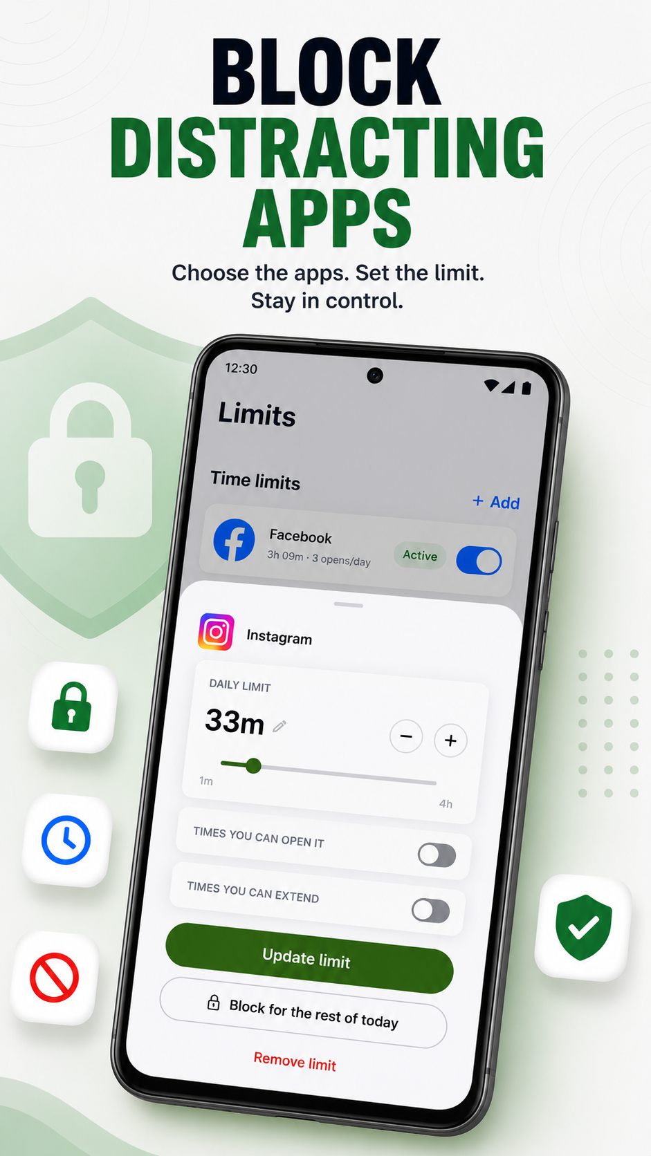 Editing a limit: a 33-minute daily cap on Instagram, with an option to block it for the rest of today.