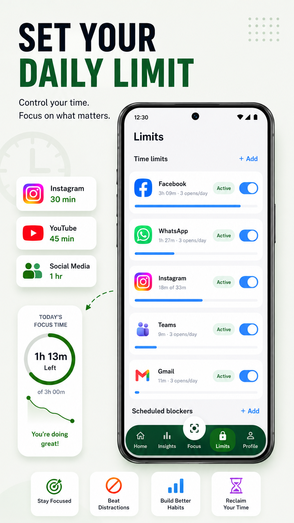 The Limits screen: daily time limits on Facebook, WhatsApp, Instagram, Teams and Gmail, each with its own toggle.