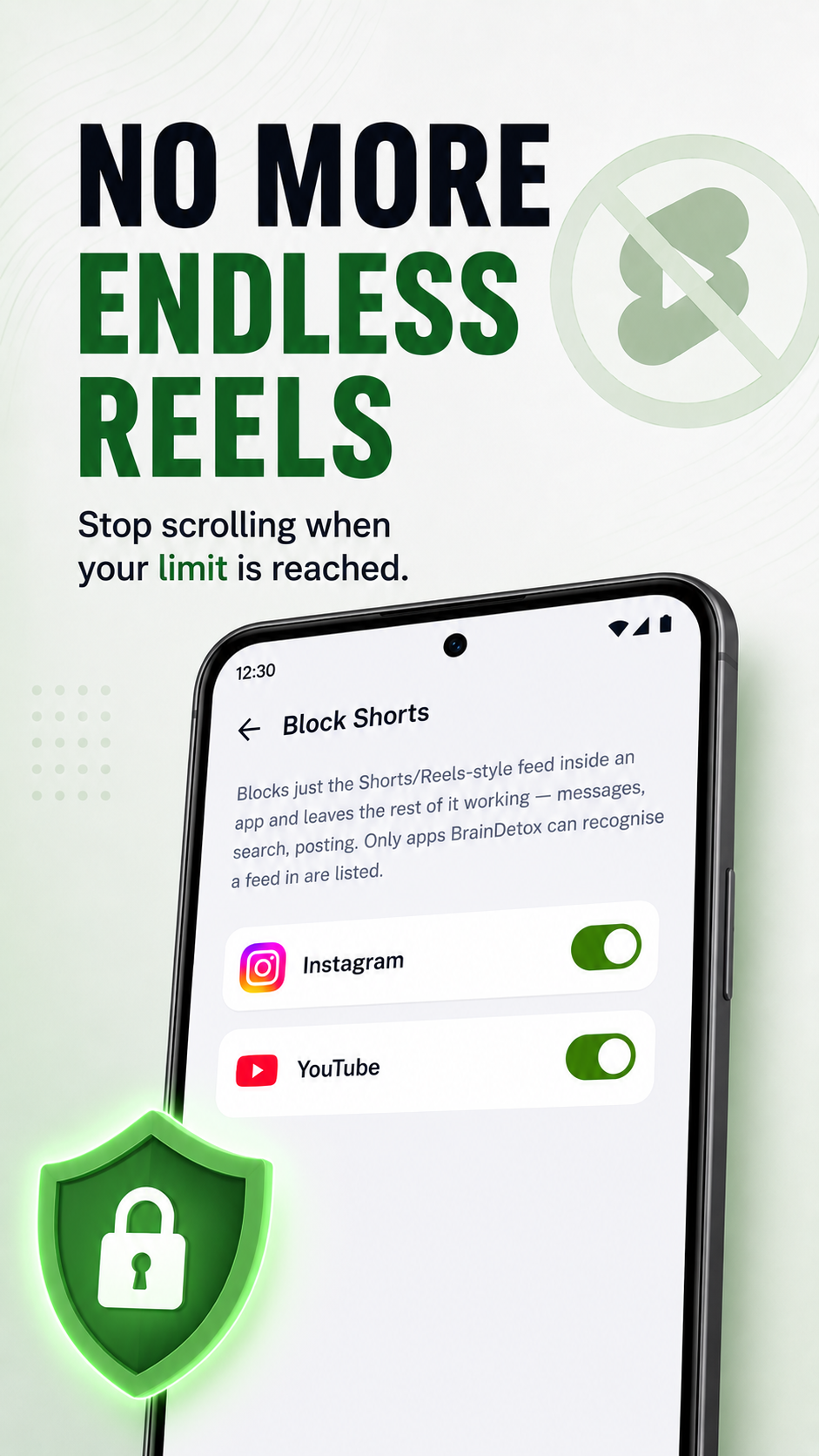 The Block Shorts screen: toggles that switch off the Shorts and Reels feeds inside Instagram and YouTube.